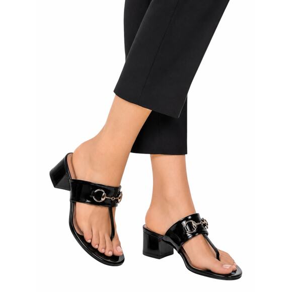 GUCCI Black Patent Leather Classic Horsebit Sandals Sz 39  Gucci Horsebit Patent Leather Thong Sandal Block Heel Black Size 39.5